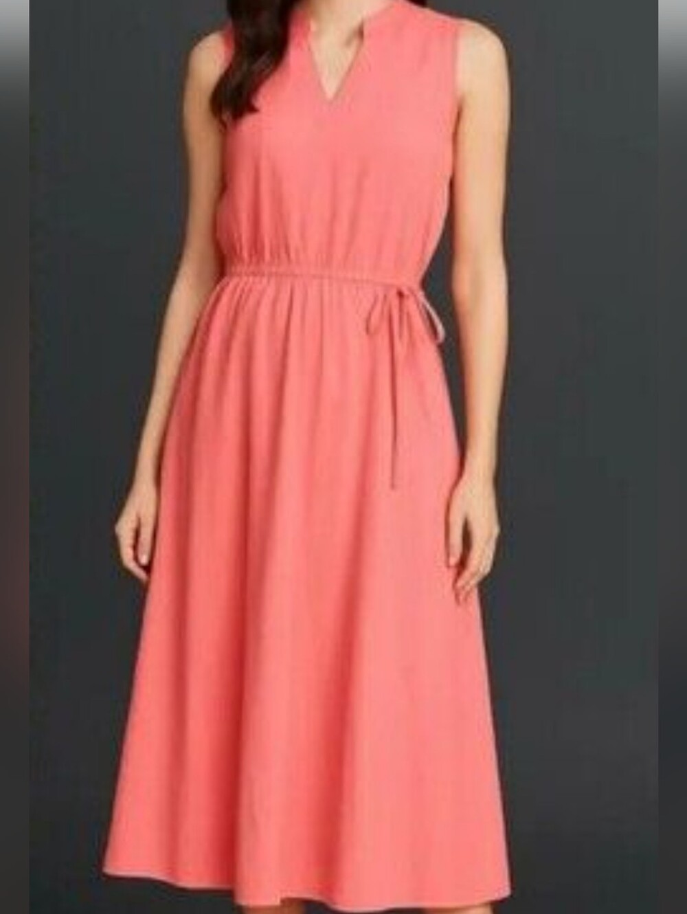Anne Klein Coral Linen Sleeveless V-Notch Midi Cinch Waist Dress Size 10